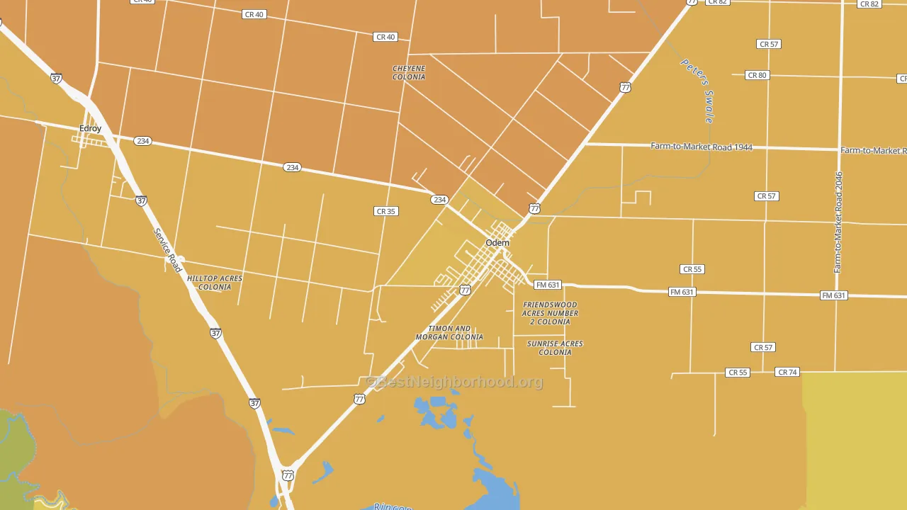 Map of the best neighborhoods in the 78370 area, with better matches in green and worse matches in red