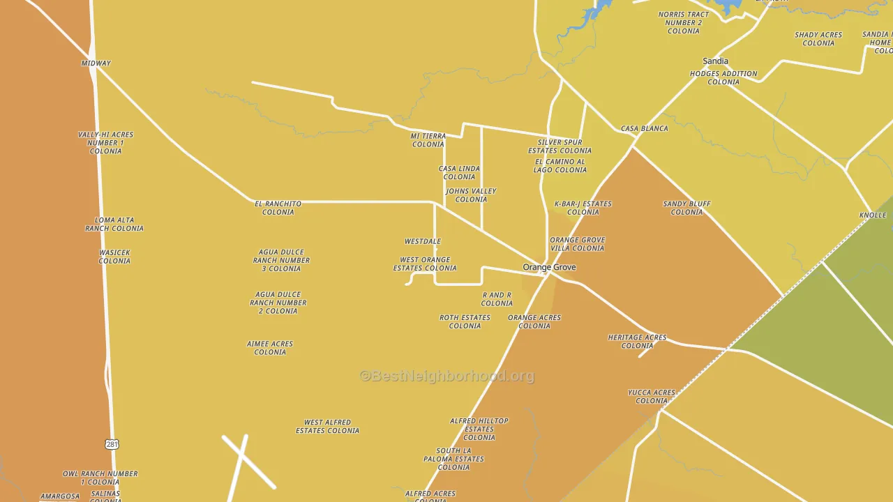 Map of the best neighborhoods in the 78372 area, with better matches in green and worse matches in red