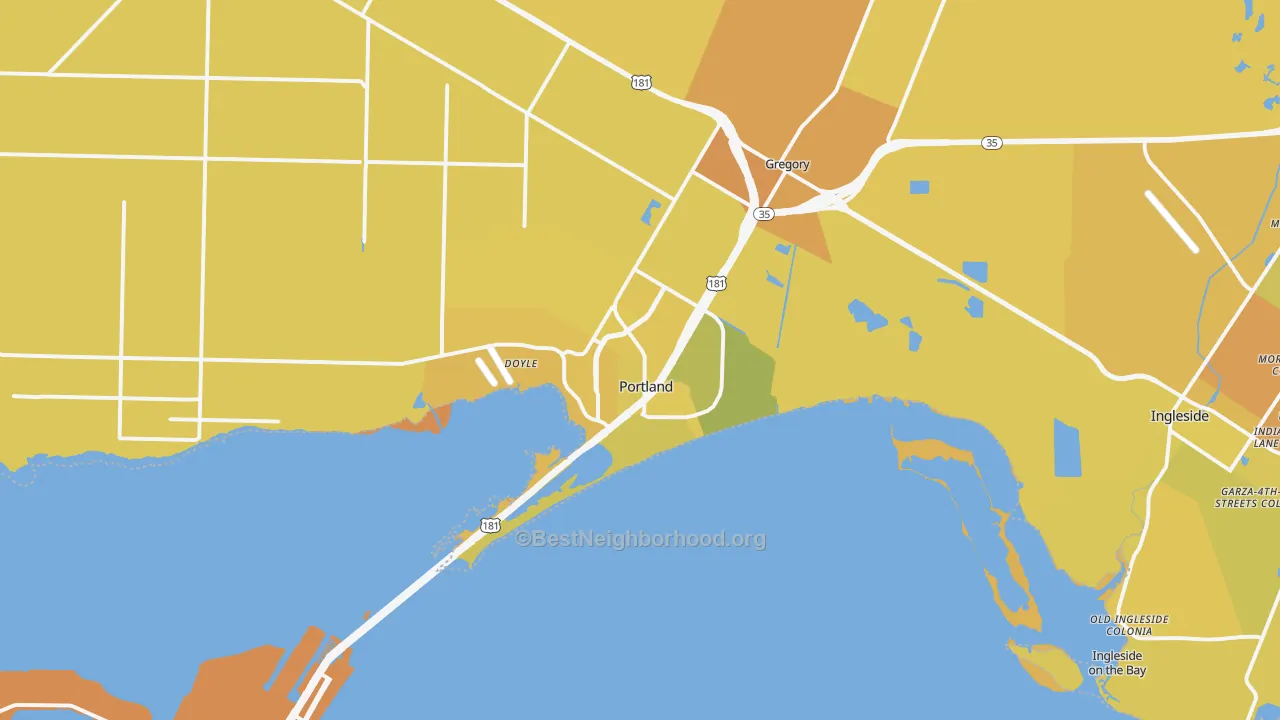 Map of the best neighborhoods in the 78374 area, with better matches in green and worse matches in red