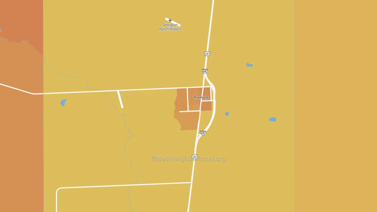 Map of the best neighborhoods in the 78375 area, with better matches in green and worse matches in red