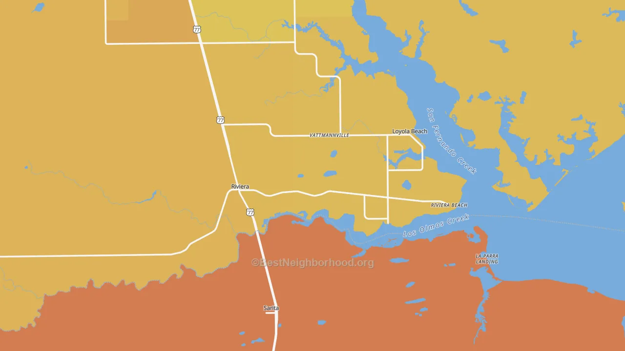Map of the best neighborhoods in the 78379 area, with better matches in green and worse matches in red