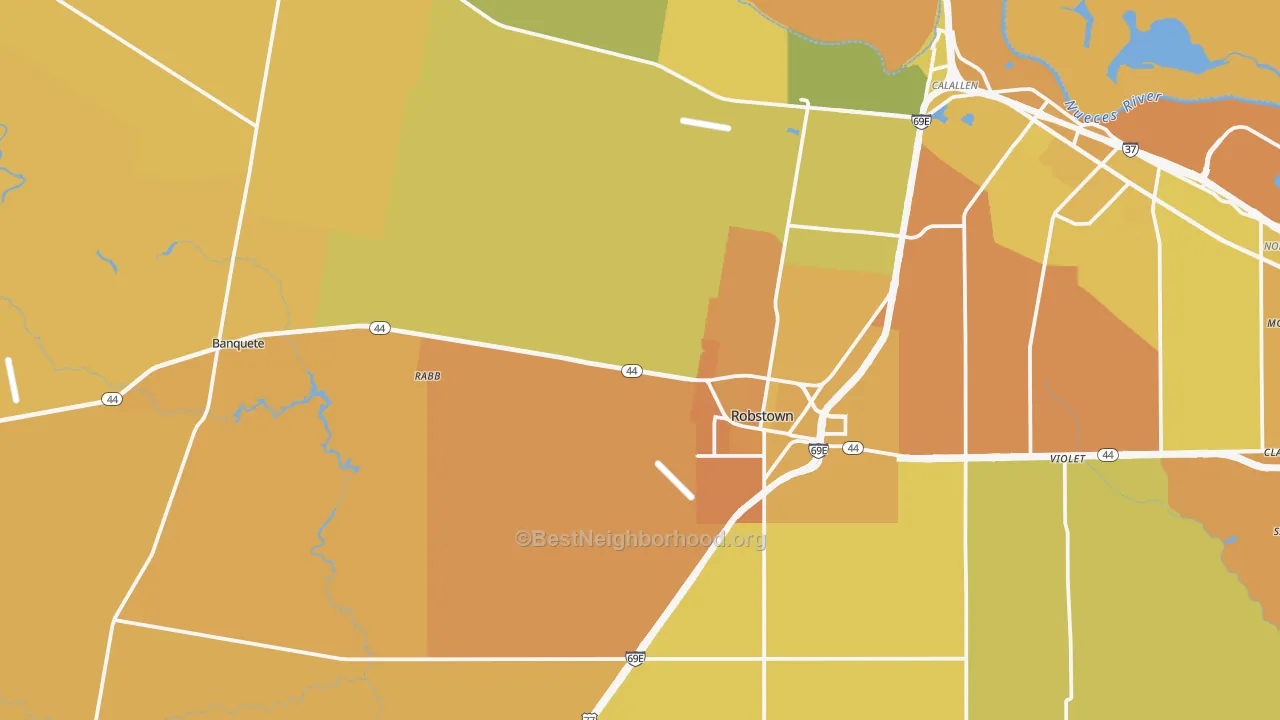 Map of the best neighborhoods in the 78380 area, with better matches in green and worse matches in red