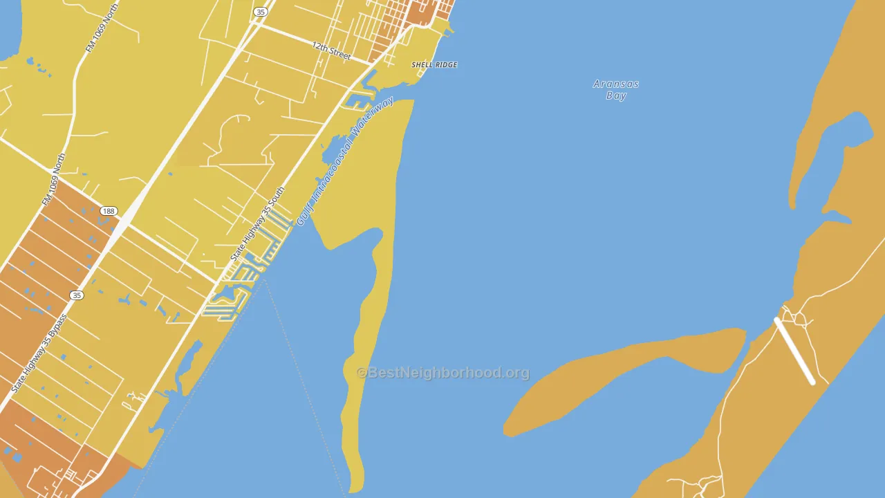 Map of the best neighborhoods in the 78381 area, with better matches in green and worse matches in red