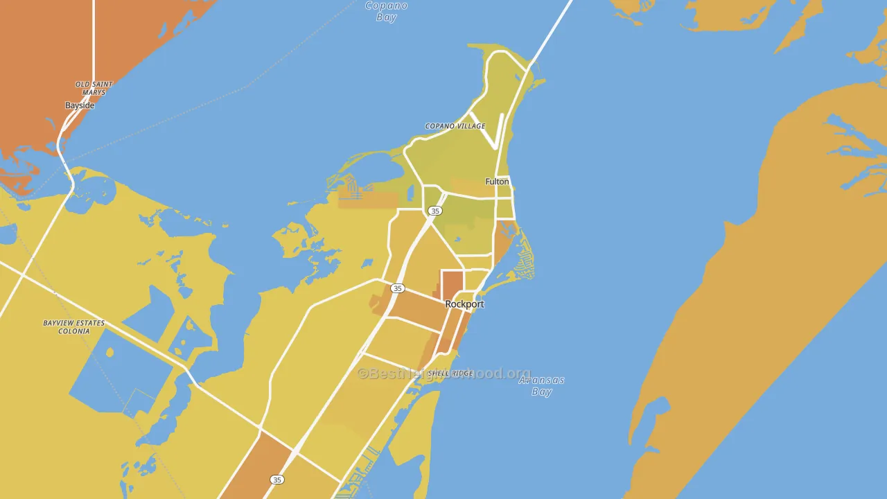 Map of the best neighborhoods in the 78382 area, with better matches in green and worse matches in red