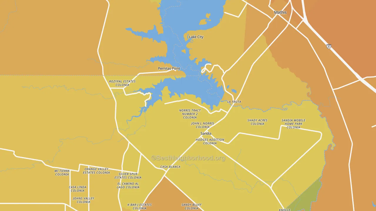 Map of the best neighborhoods in the 78383 area, with better matches in green and worse matches in red