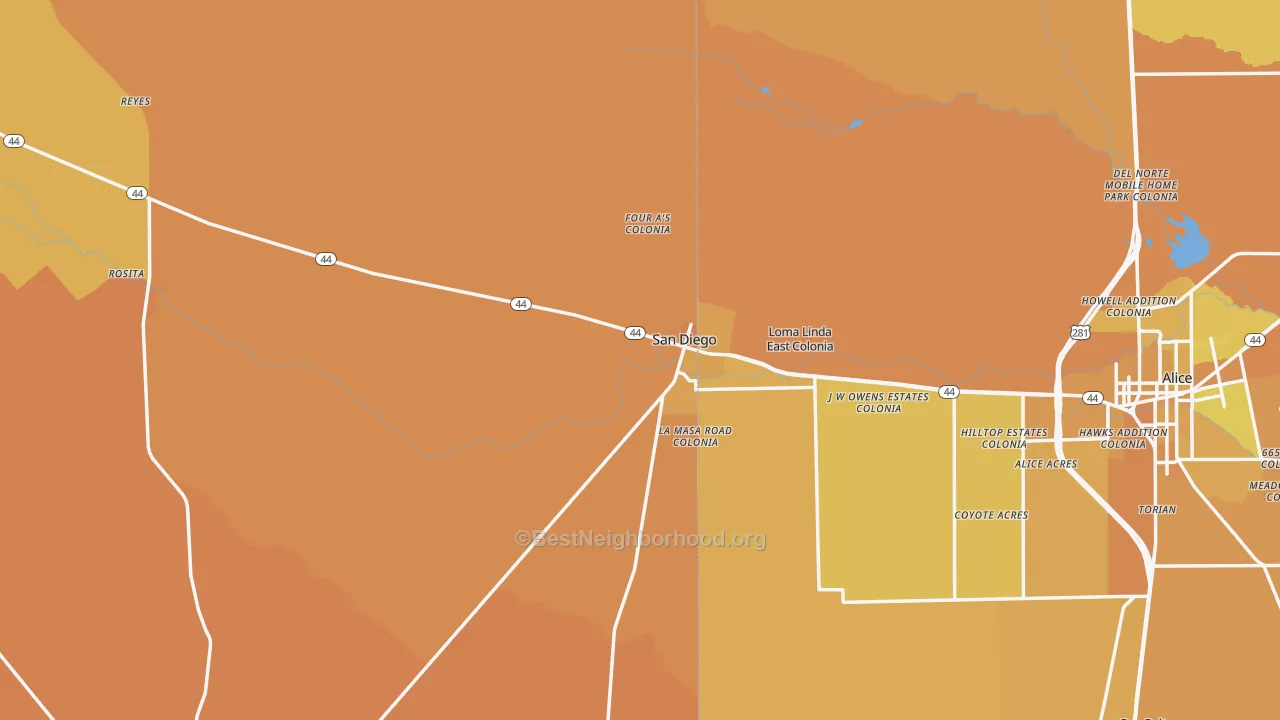 Map of the best neighborhoods in the 78384 area, with better matches in green and worse matches in red