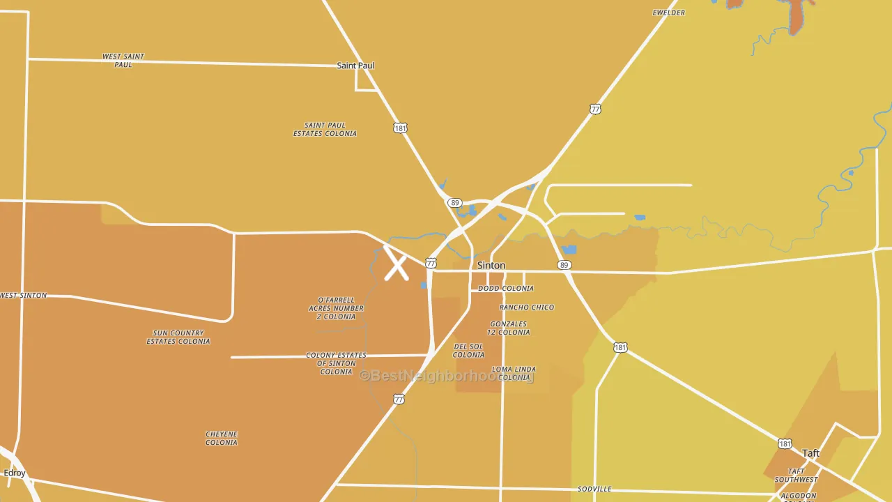 Map of the best neighborhoods in the 78387 area, with better matches in green and worse matches in red