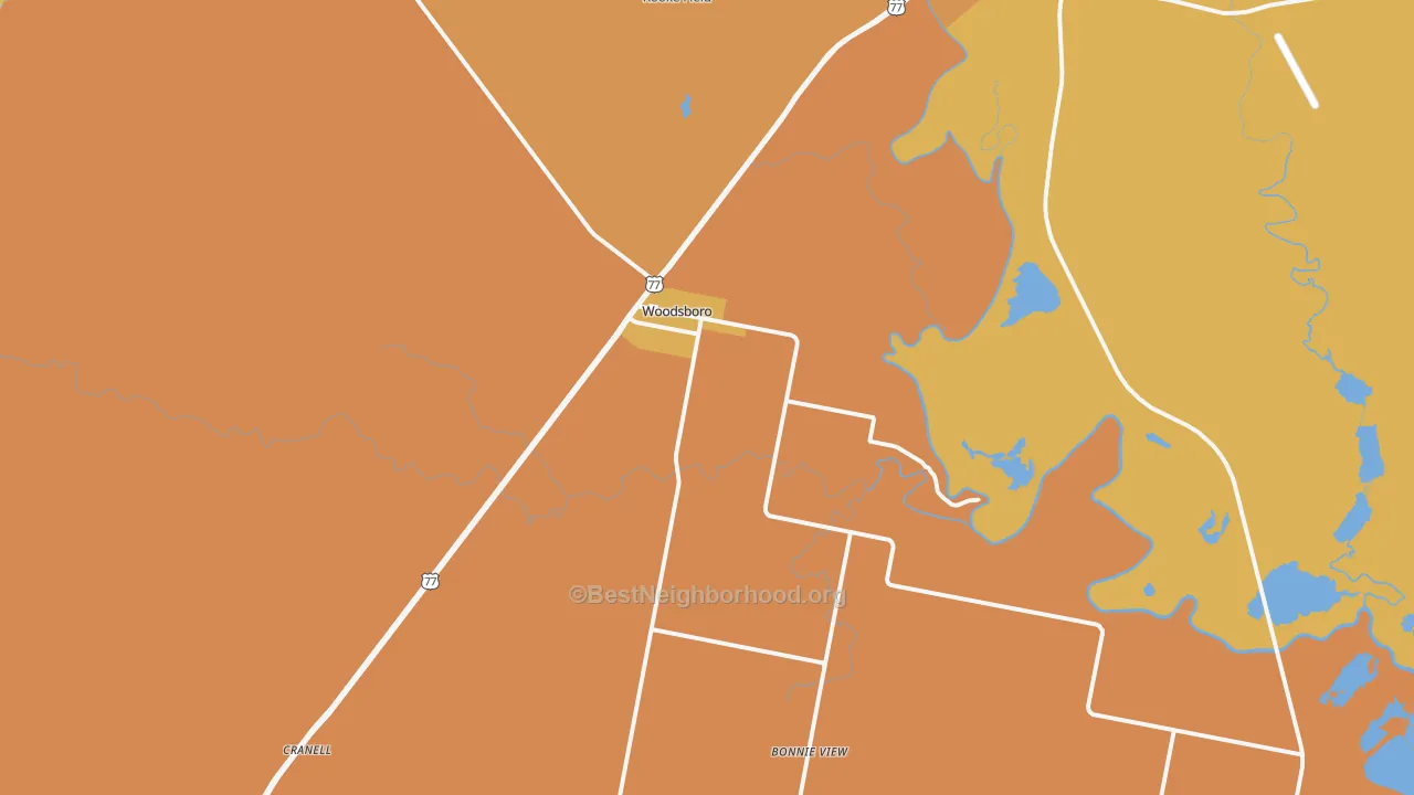 Map of the best neighborhoods in the 78393 area, with better matches in green and worse matches in red