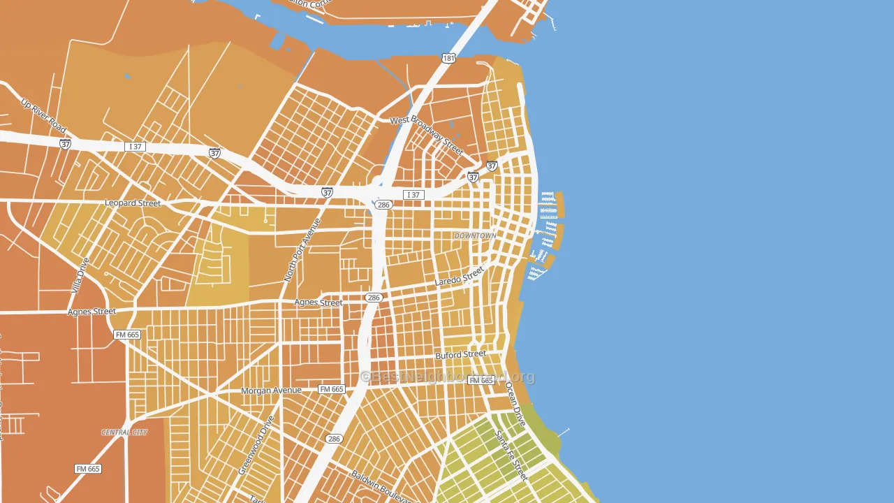 Map of the best neighborhoods in the 78401 area, with better matches in green and worse matches in red
