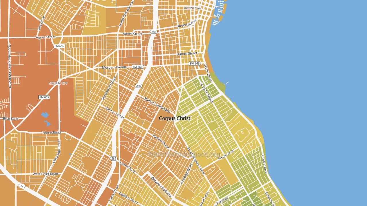 Map of the best neighborhoods in the 78404 area, with better matches in green and worse matches in red