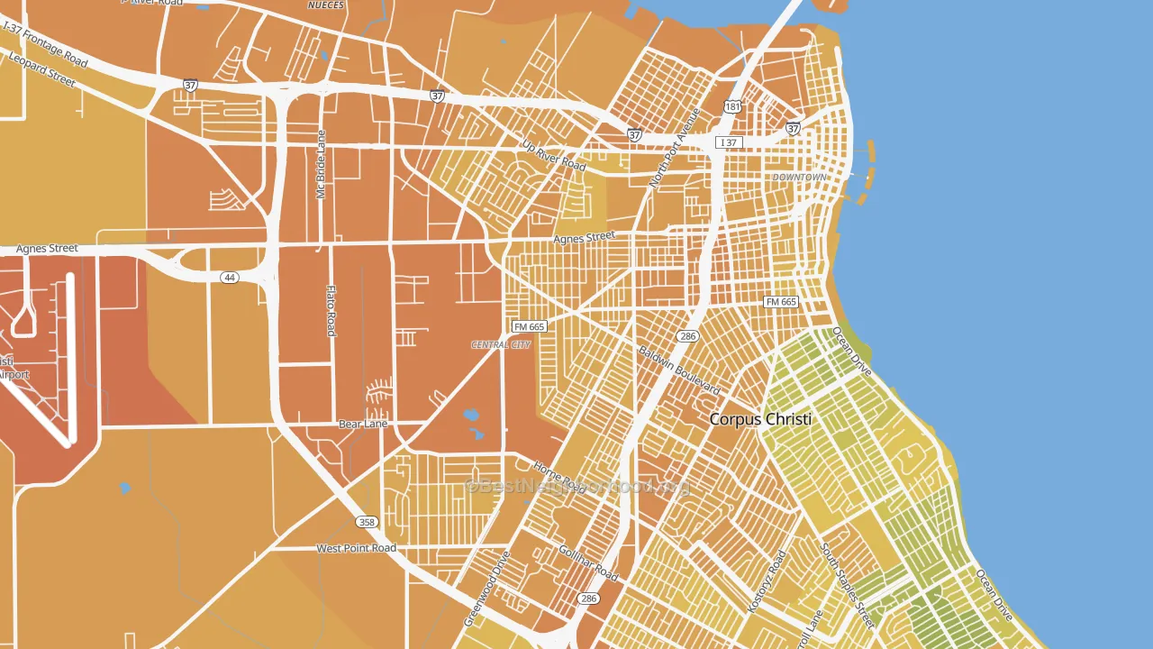 Map of the best neighborhoods in the 78405 area, with better matches in green and worse matches in red