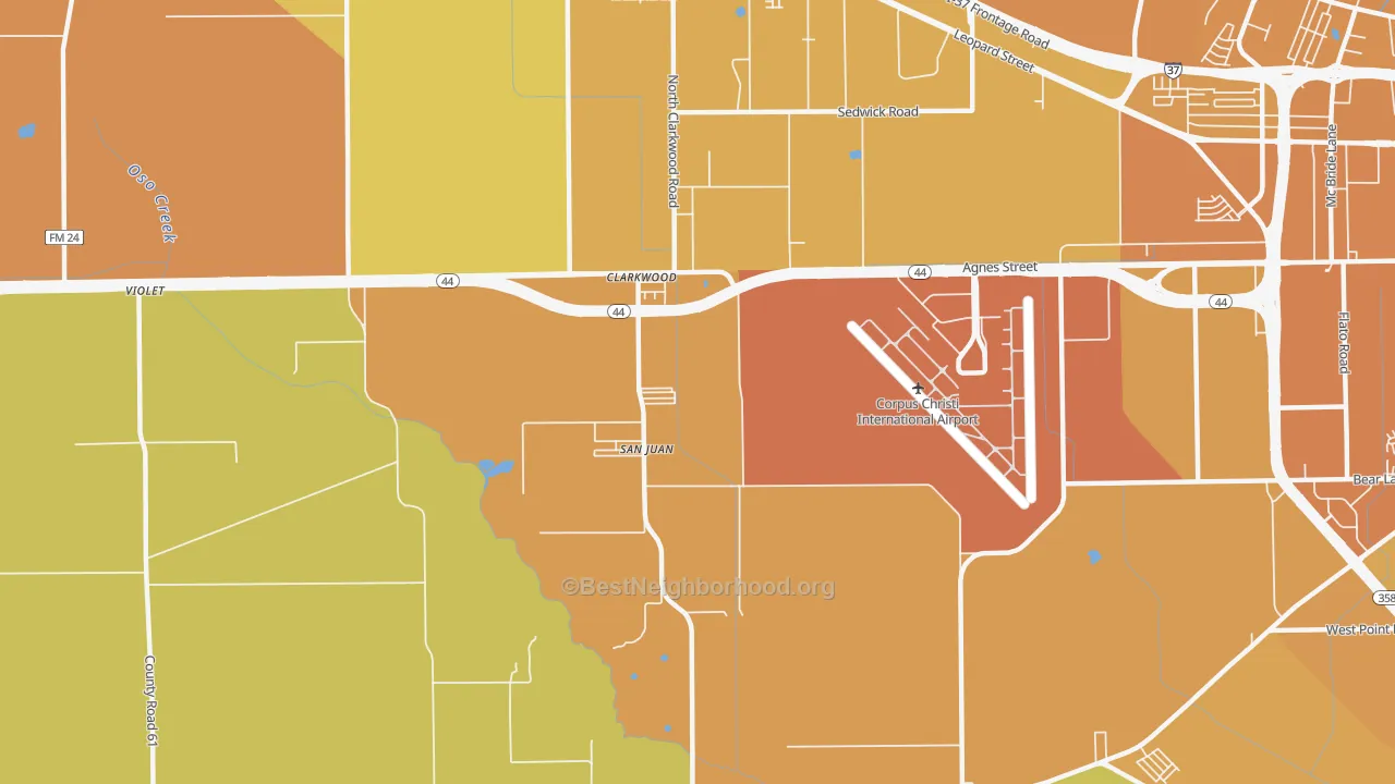 Map of the best neighborhoods in the 78406 area, with better matches in green and worse matches in red