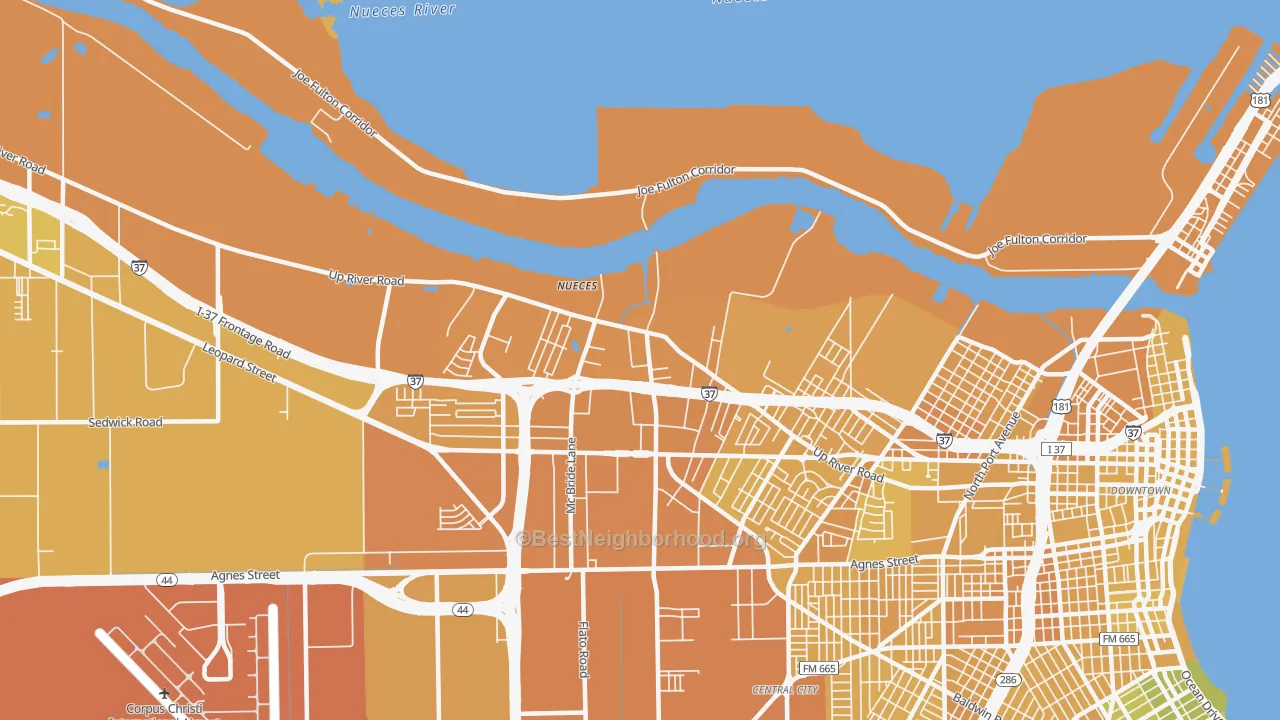 Map of the best neighborhoods in the 78407 area, with better matches in green and worse matches in red