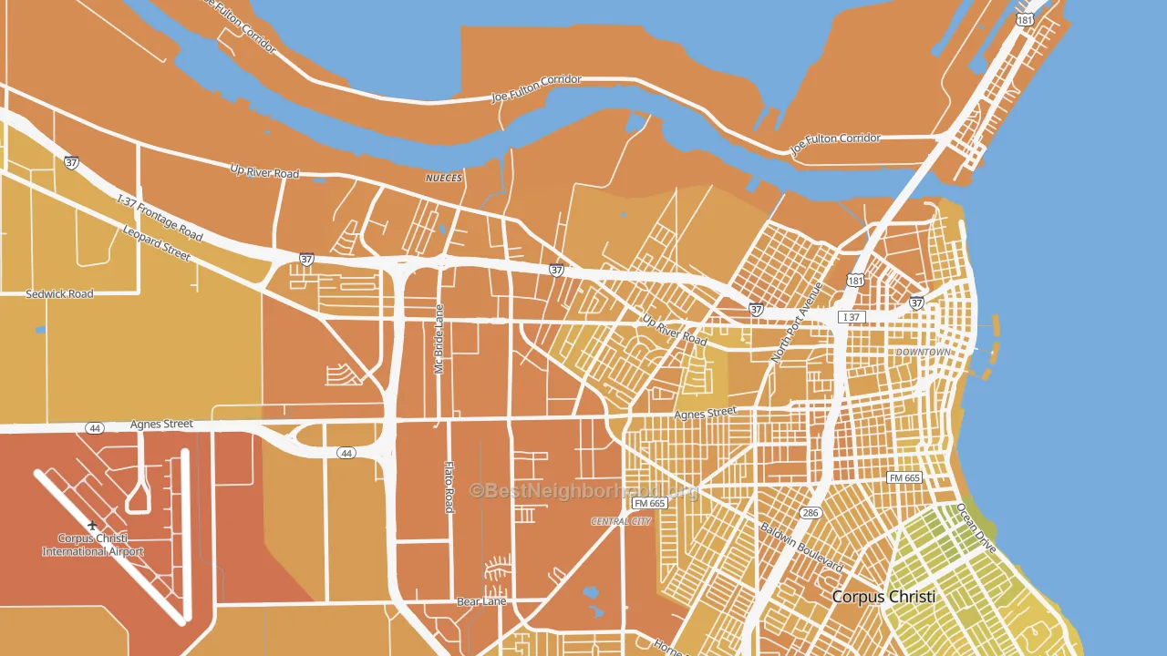 Map of the best neighborhoods in the 78408 area, with better matches in green and worse matches in red
