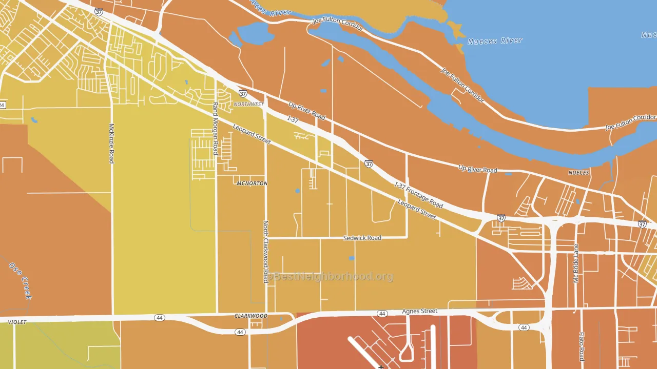 Map of the best neighborhoods in the 78409 area, with better matches in green and worse matches in red