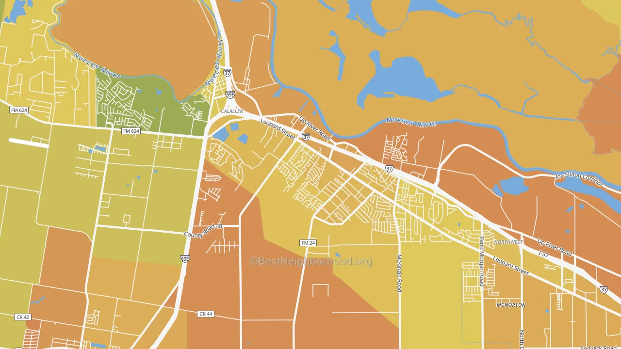 Map of the best neighborhoods in the 78410 area, with better matches in green and worse matches in red