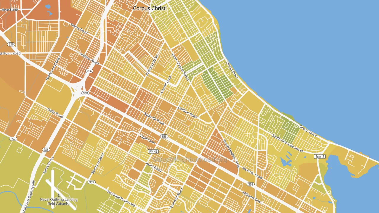 Map of the best neighborhoods in the 78411 area, with better matches in green and worse matches in red