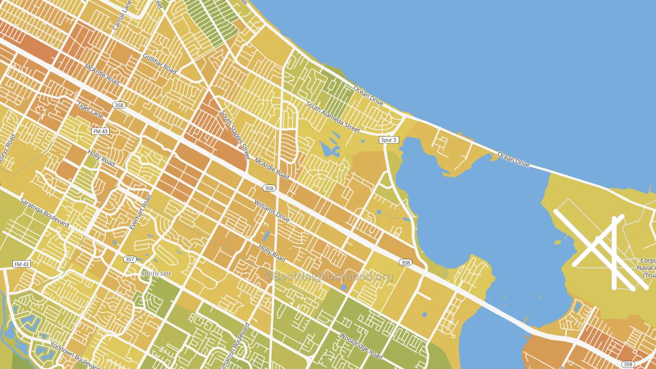 Map of the best neighborhoods in the 78412 area, with better matches in green and worse matches in red