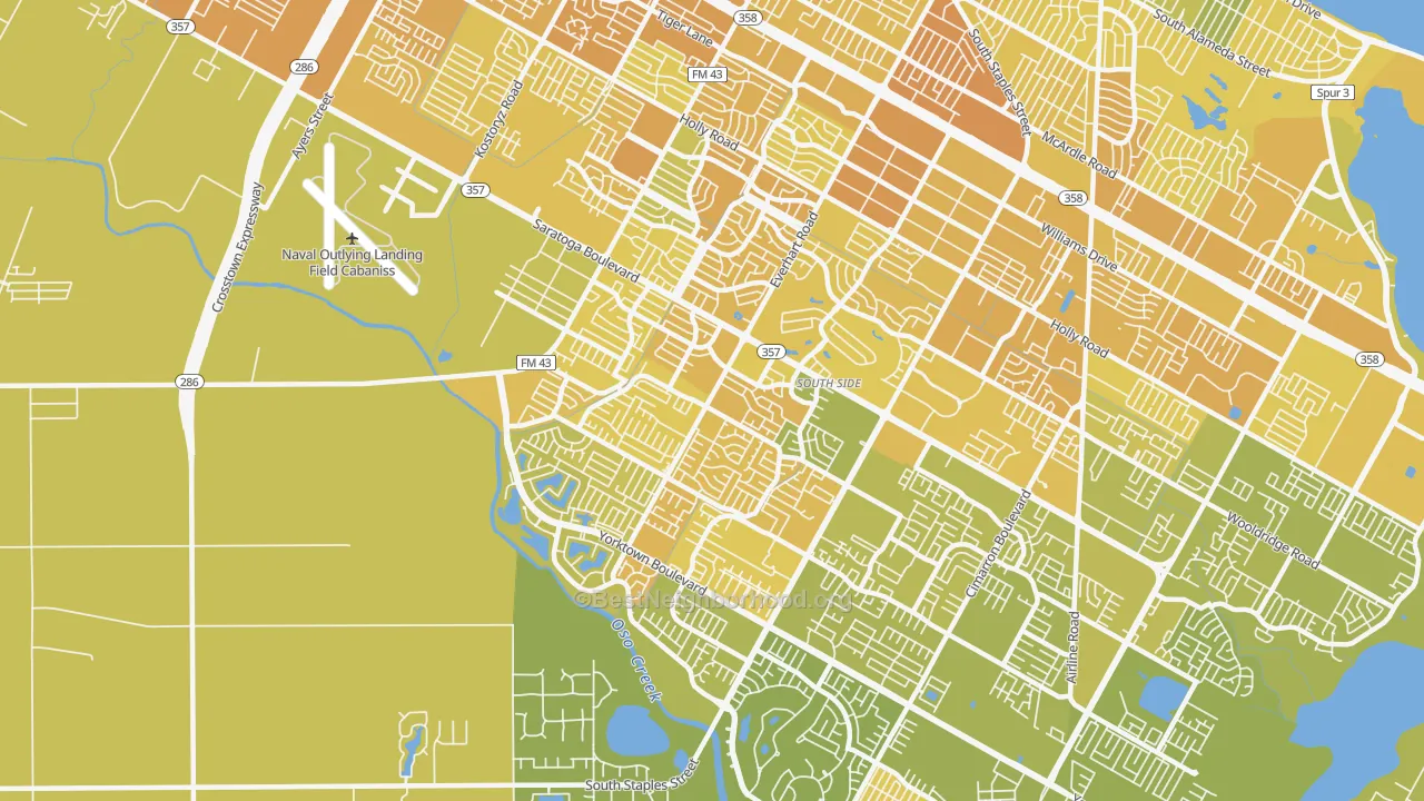 Map of the best neighborhoods in the 78413 area, with better matches in green and worse matches in red
