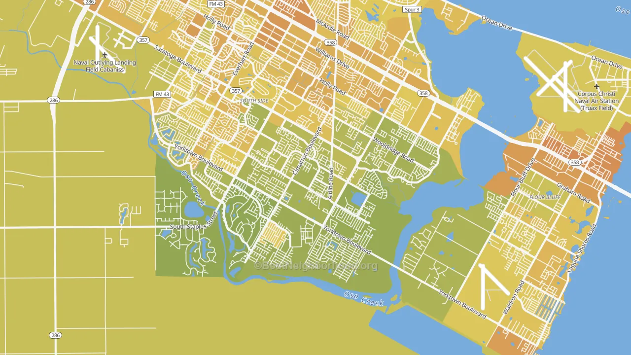 Map of the best neighborhoods in the 78414 area, with better matches in green and worse matches in red