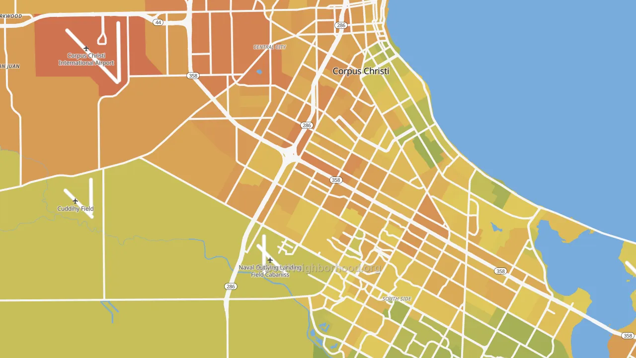 Map of the best neighborhoods in the 78415 area, with better matches in green and worse matches in red