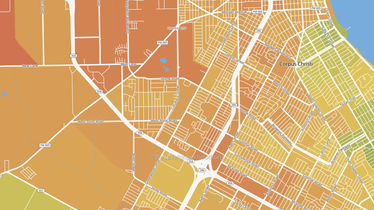 Map of the best neighborhoods in the 78416 area, with better matches in green and worse matches in red