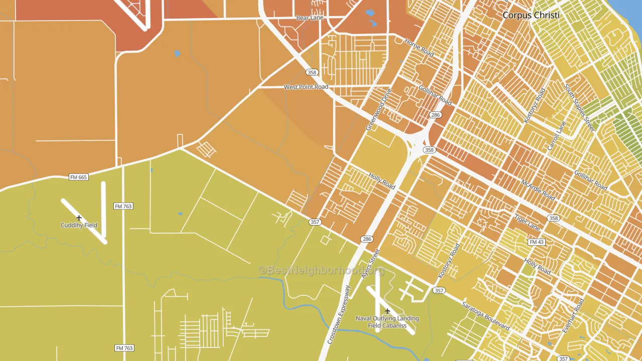 Map of the best neighborhoods in the 78417 area, with better matches in green and worse matches in red