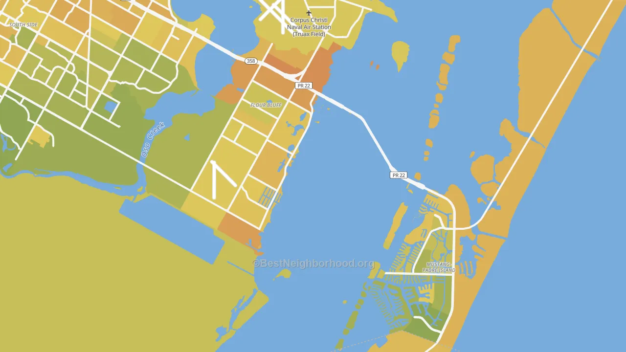 Map of the best neighborhoods in the 78418 area, with better matches in green and worse matches in red