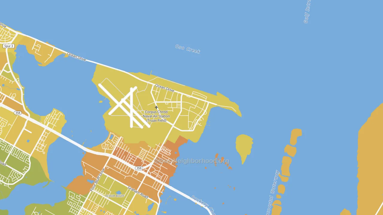 Map of the best neighborhoods in the 78419 area, with better matches in green and worse matches in red