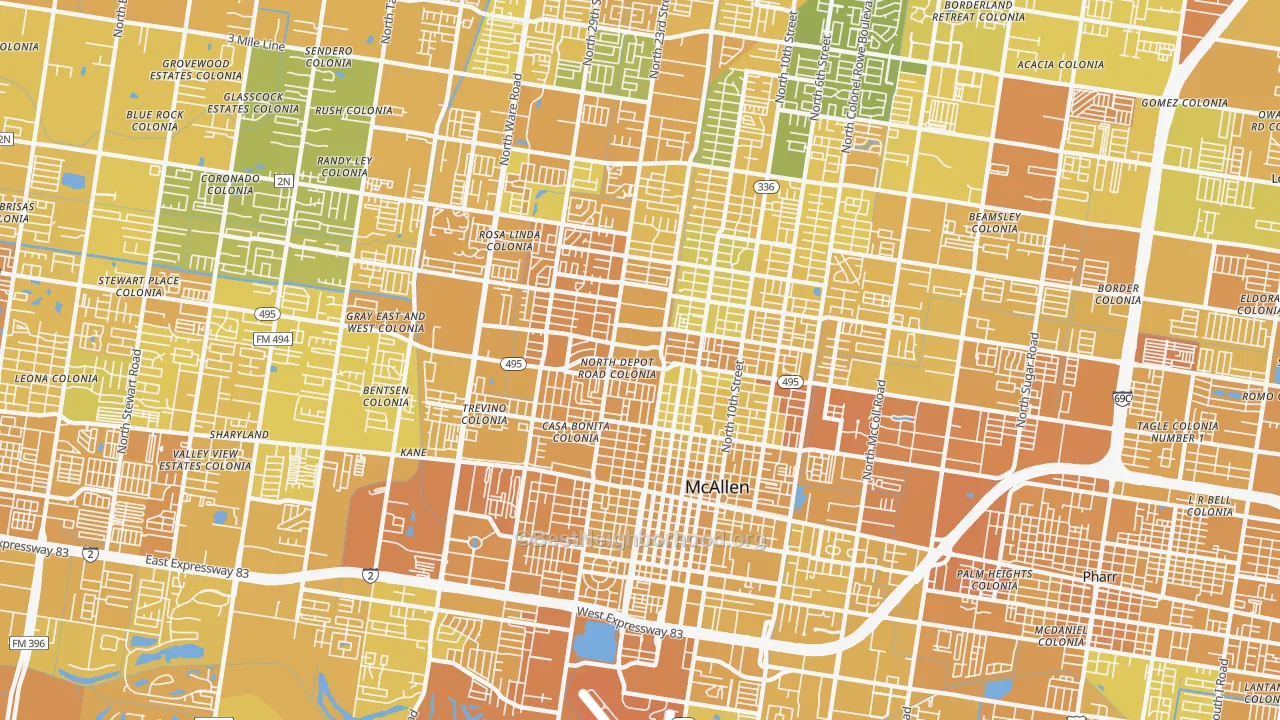 Map of the best neighborhoods in the 78501 area, with better matches in green and worse matches in red