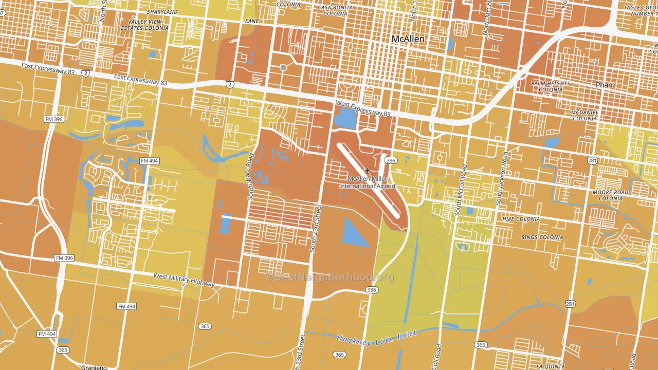 Map of the best neighborhoods in the 78503 area, with better matches in green and worse matches in red