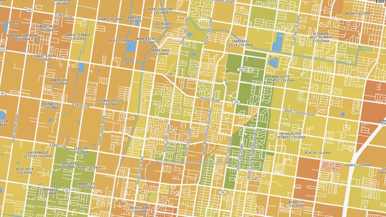 Map of the best neighborhoods in the 78504 area, with better matches in green and worse matches in red
