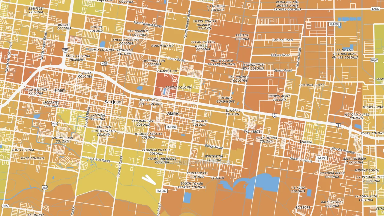 Map of the best neighborhoods in the 78516 area, with better matches in green and worse matches in red