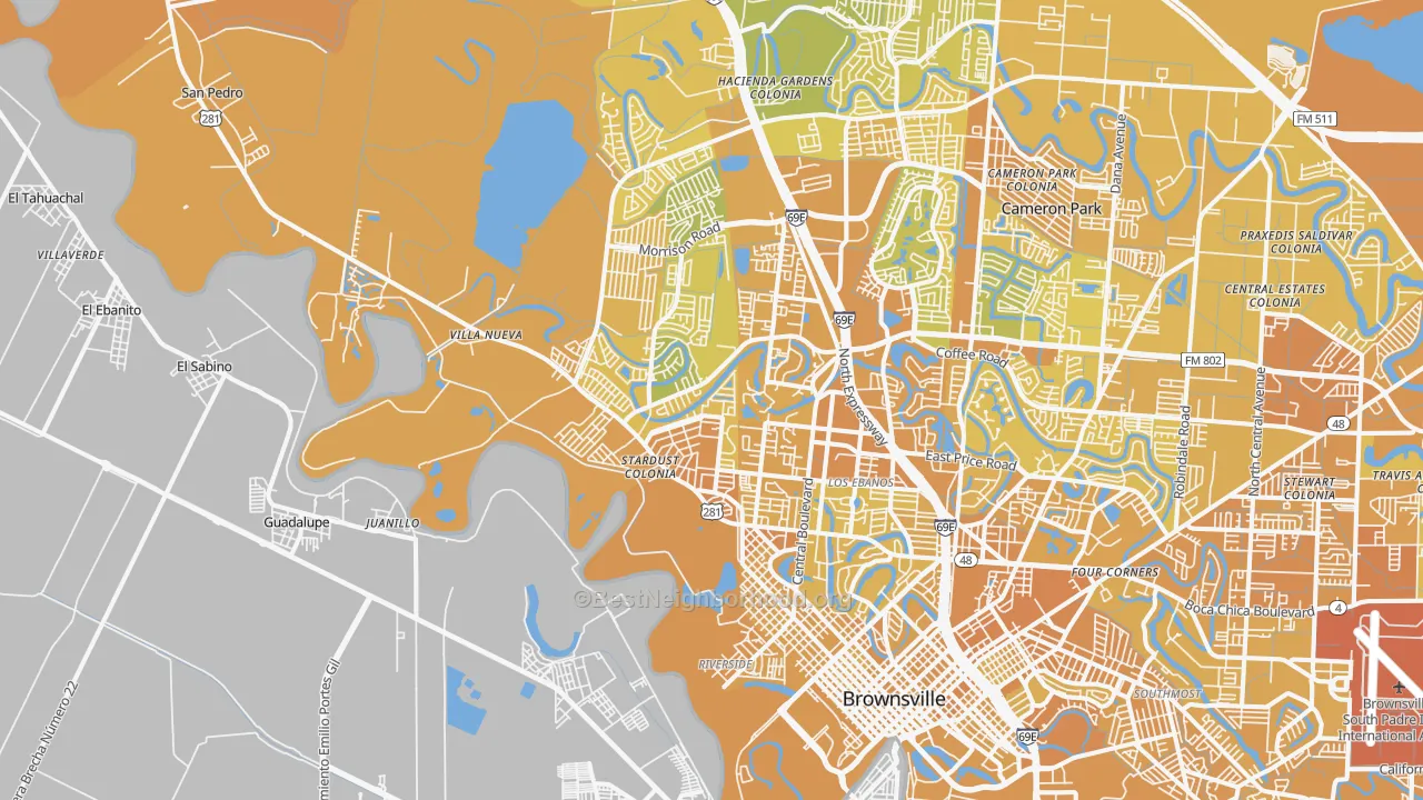 Map of the best neighborhoods in the 78520 area, with better matches in green and worse matches in red