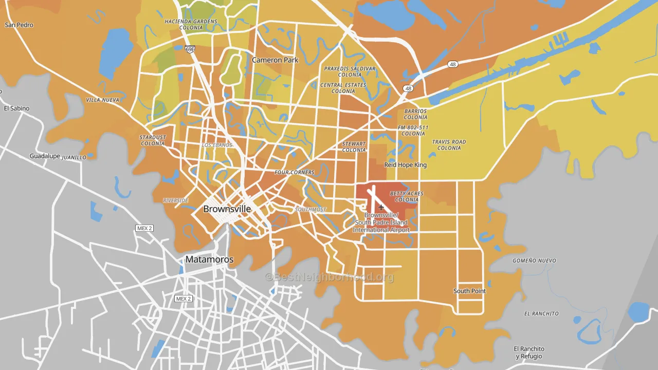 Map of the best neighborhoods in the 78521 area, with better matches in green and worse matches in red
