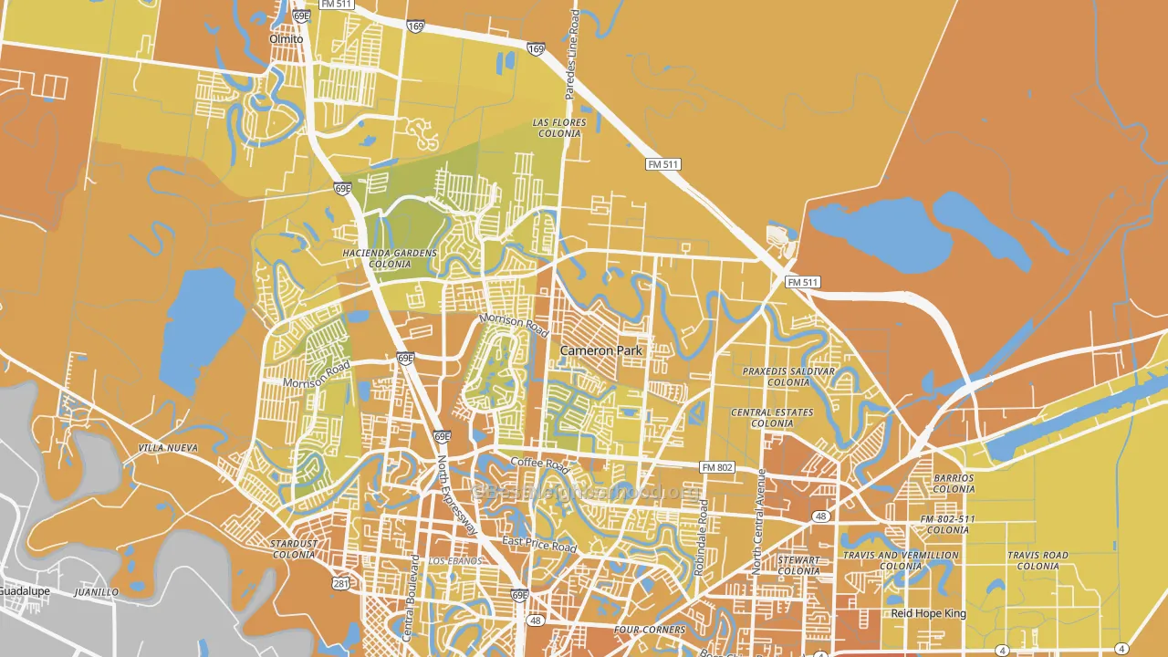 Map of the best neighborhoods in the 78526 area, with better matches in green and worse matches in red