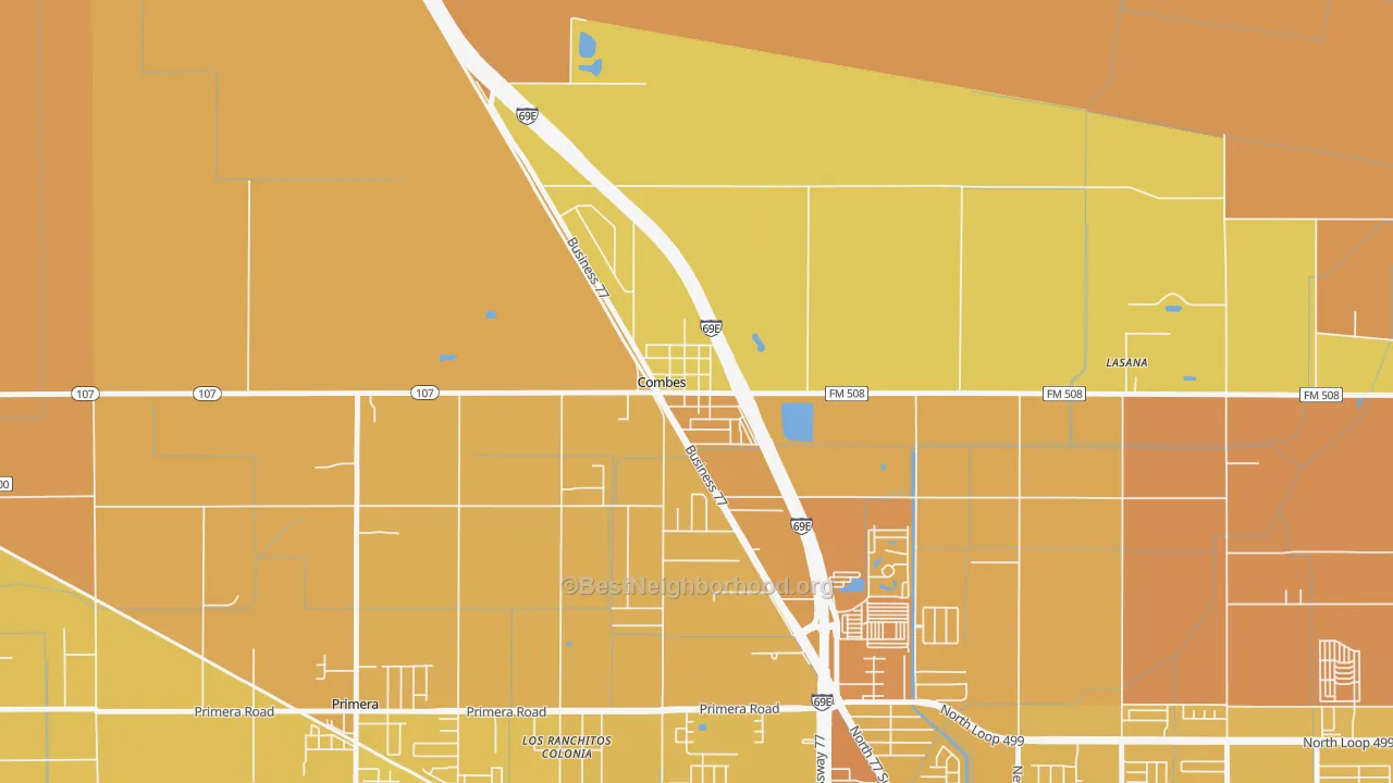 Map of the best neighborhoods in the 78535 area, with better matches in green and worse matches in red