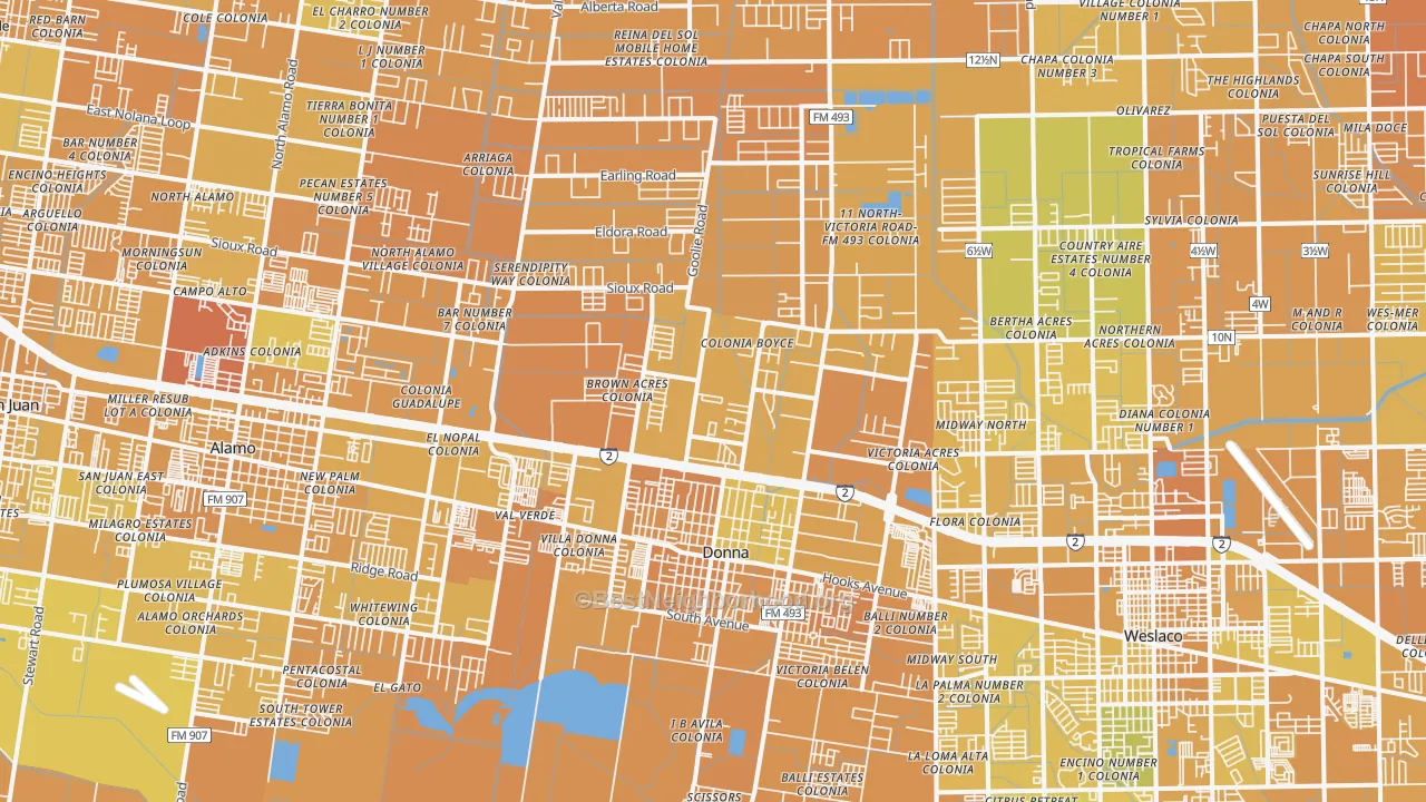 Map of the best neighborhoods in the 78537 area, with better matches in green and worse matches in red