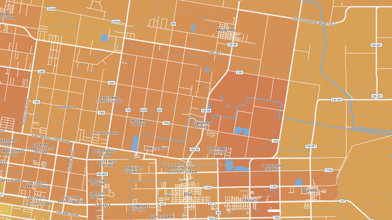 Map of the best neighborhoods in the 78538 area, with better matches in green and worse matches in red