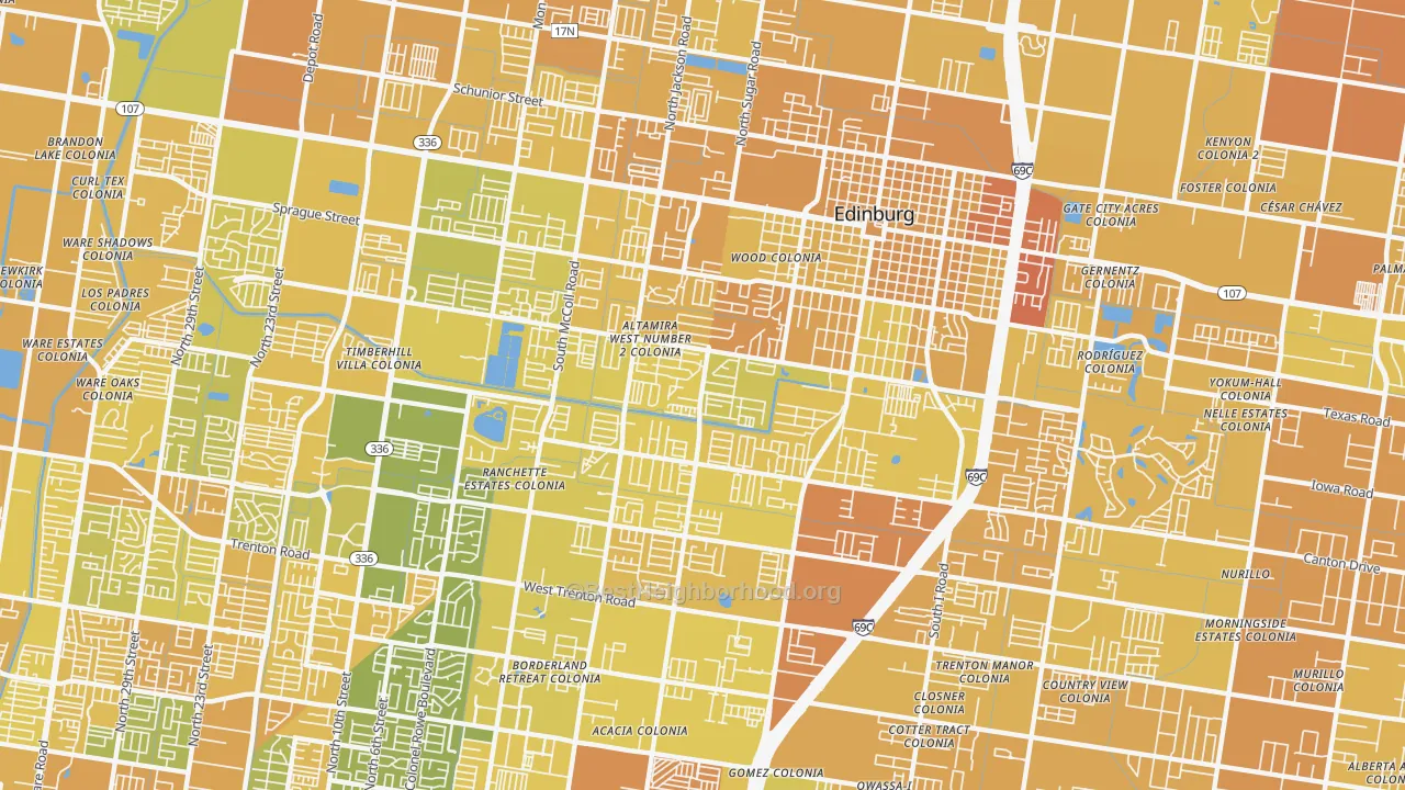 Map of the best neighborhoods in the 78539 area, with better matches in green and worse matches in red