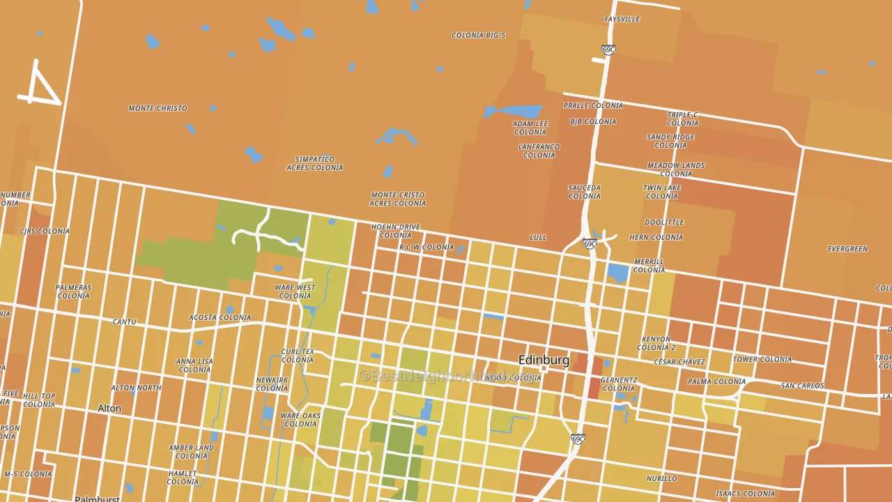 Map of the best neighborhoods in the 78541 area, with better matches in green and worse matches in red