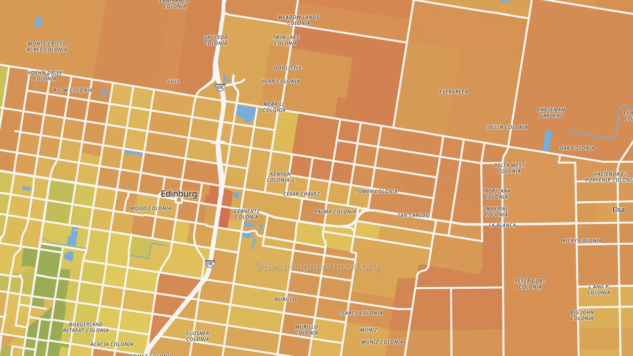 Map of the best neighborhoods in the 78542 area, with better matches in green and worse matches in red