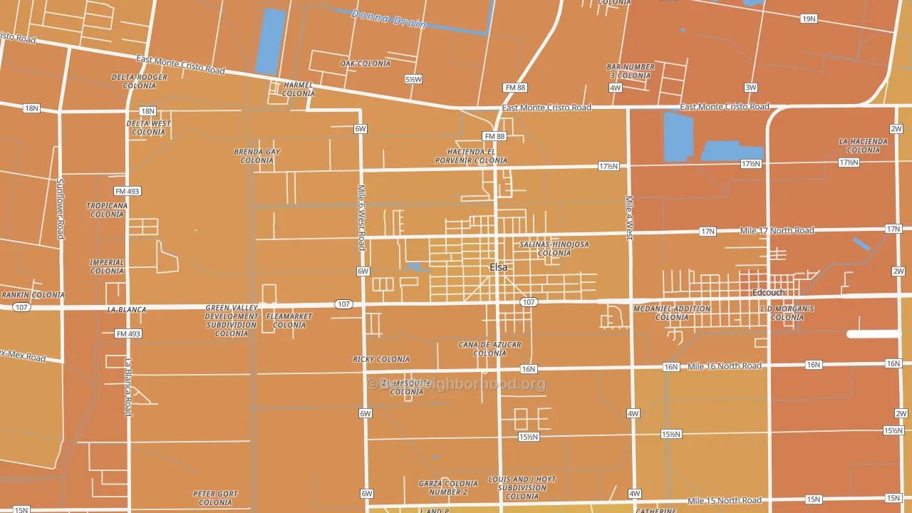 Map of the best neighborhoods in the 78543 area, with better matches in green and worse matches in red