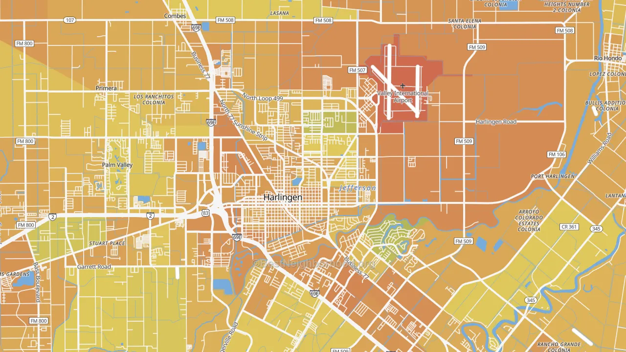 Map of the best neighborhoods in the 78550 area, with better matches in green and worse matches in red