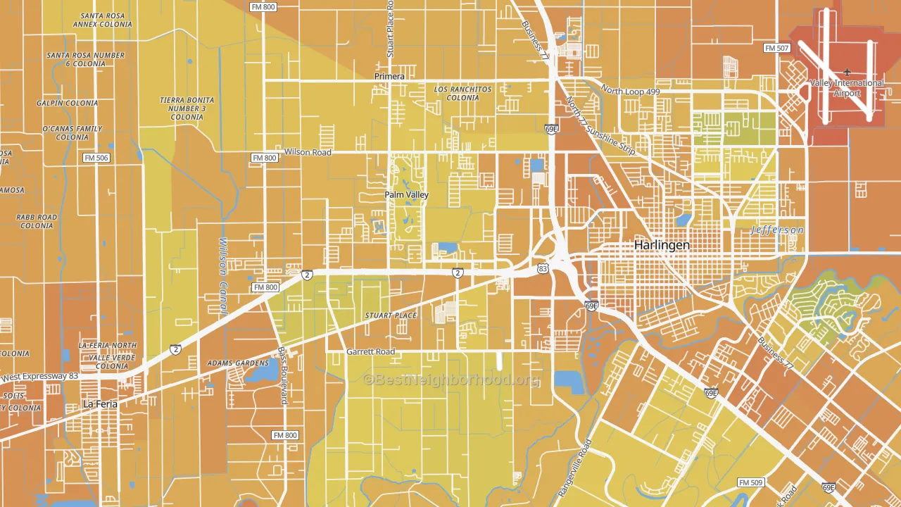 Map of the best neighborhoods in the 78552 area, with better matches in green and worse matches in red