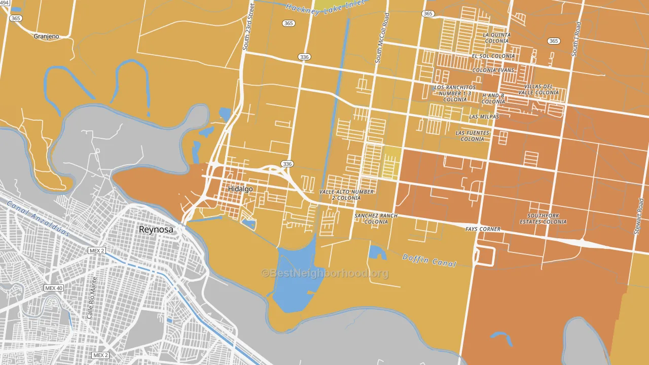 Map of the best neighborhoods in the 78557 area, with better matches in green and worse matches in red