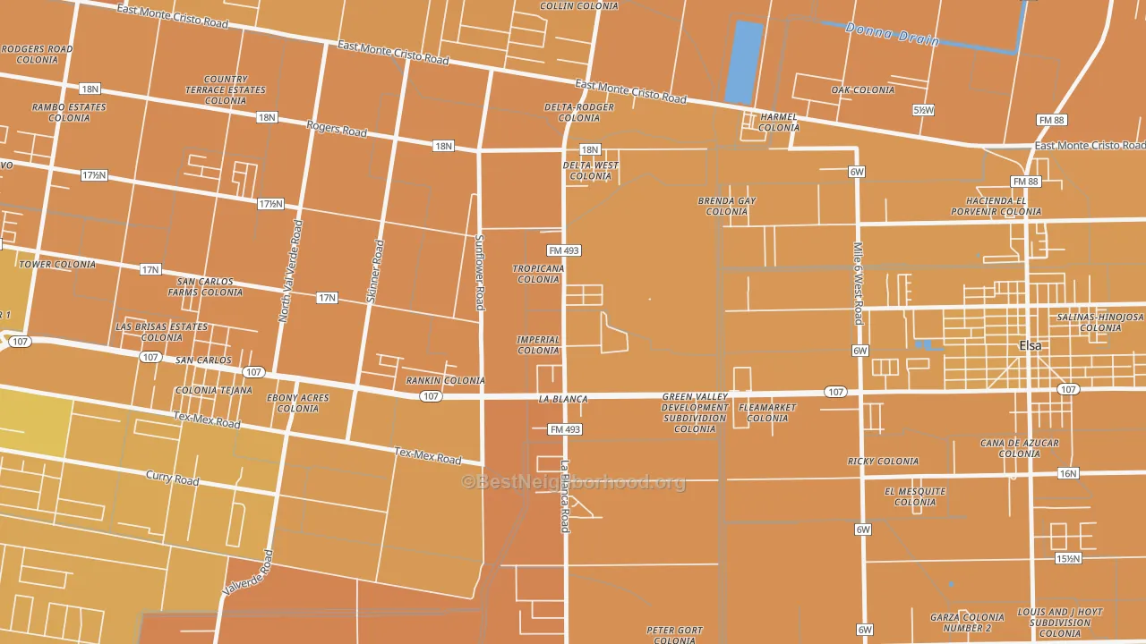 Map of the best neighborhoods in the 78558 area, with better matches in green and worse matches in red