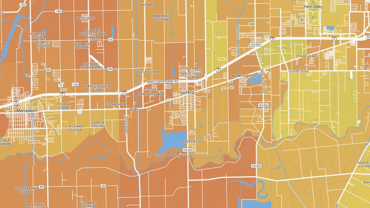 Map of the best neighborhoods in the 78559 area, with better matches in green and worse matches in red