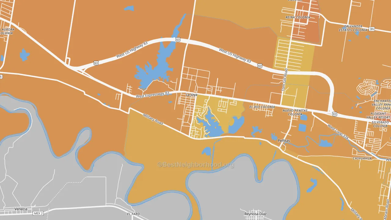 Map of the best neighborhoods in the 78560 area, with better matches in green and worse matches in red