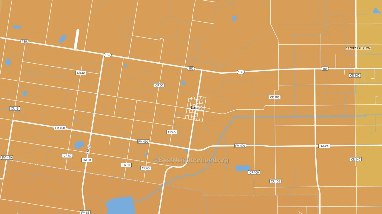 Map of the best neighborhoods in the 78561 area, with better matches in green and worse matches in red